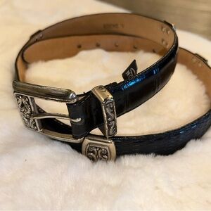 Brighton Black Croc Leather Belt with Ornate Silver Accents #24303 size L